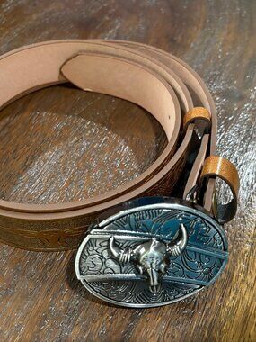 Western Longhorn Floral Brown Leather Belt Hidden Knife Belt Buckle 50"